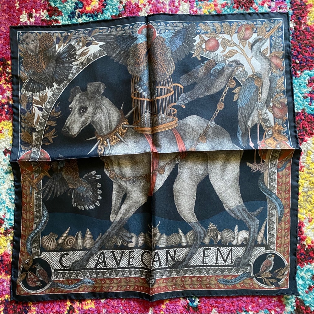 NWT Sabina Savage Silk Square Scarf in Cave Canem Blue